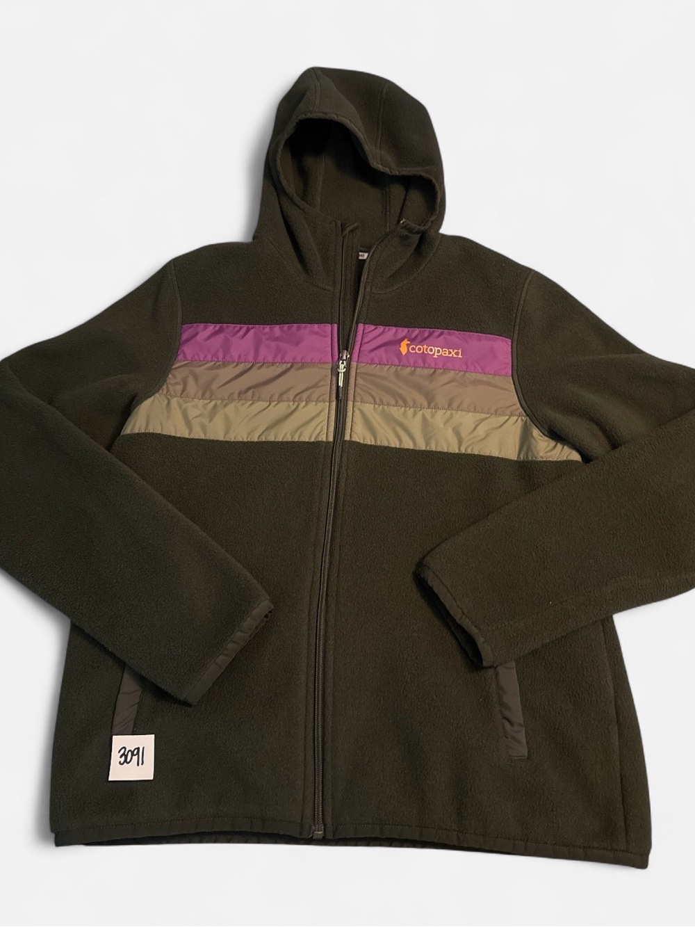 cotopaxi Olive Hooded Jacket with Purple and Tan Stripes